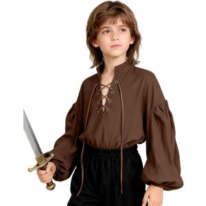 L'VOW Medieval Boys Shirt Renaissance Kids Lace-up Pirate Shirts Retro Viking Colonial Costume Top (Brown, XXL)