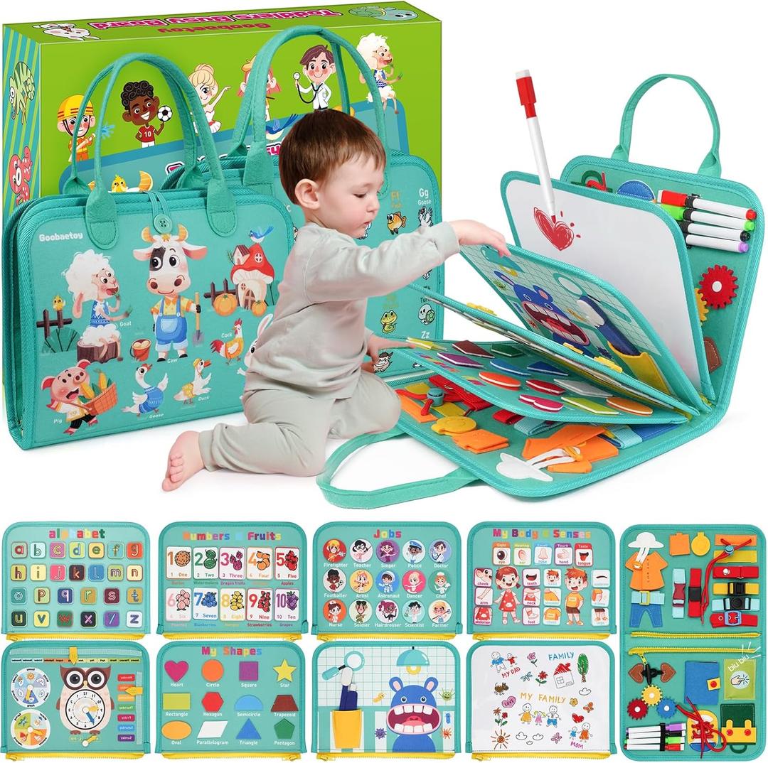 Montessori Busy Board - Sensory Learning Toys for Toddlers 3-6 Years-10 Pages-32 Activities, Airplane Car Travel Educational Toys for Autism, 3 Years Boy Birthday Gift (Cyan)