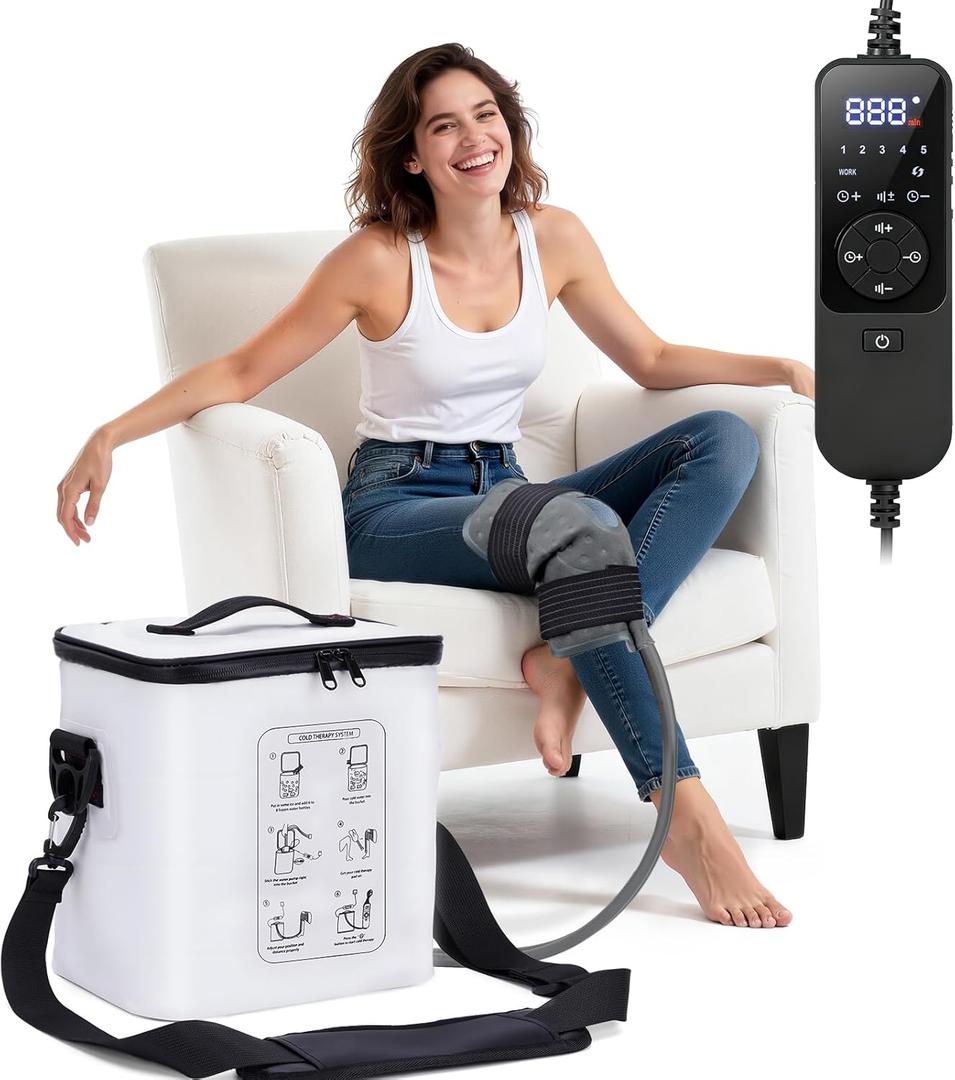 Ice Machine for Knee After Surgery - Programmable Timer Cold Therapy Machine, Portable, Quiet Pump, 12H Cooling, Knee Replacement Recovery System, Cryotherapy Pain Relief & Swelling, Compression Pad