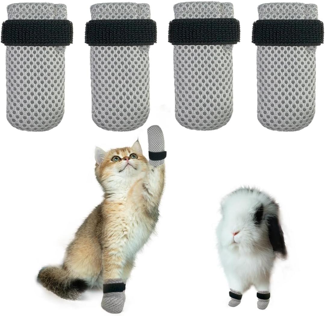 4 PCS Cat Mittens to Prevent Scratching, Mesh Breathable Cat Shoes, Adjustable Cats Anti Scratch Gloves, Suitable for Cats When Bathing and Nail Trimming (Small, Grey)