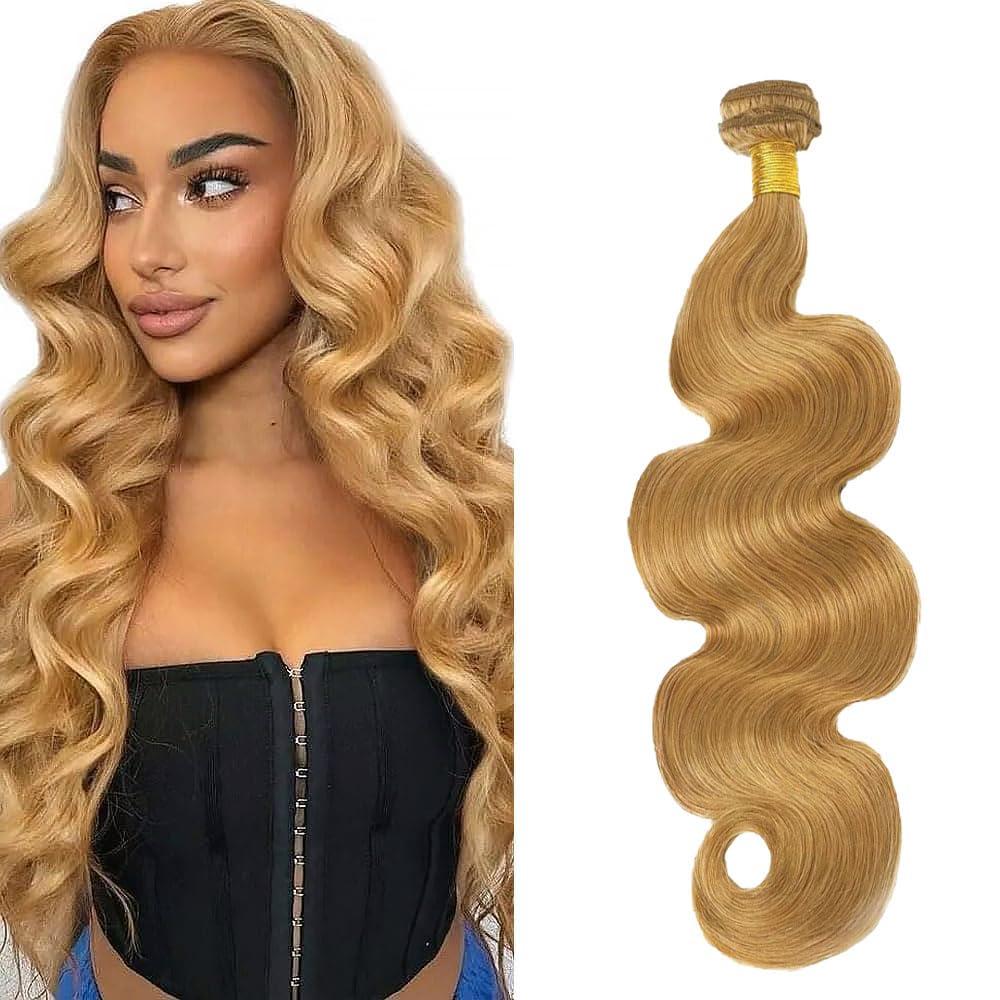 Body Wave Human Hair Bundles Honey Blonde 1 Bundle Light Blonde 20 Inch Human Hair Extension Single 100G Color 27 Unprocessed Brazilian Virgin Hair Double Weft