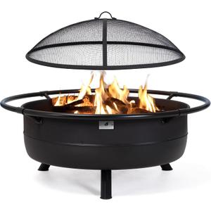 SUNCREAT 42" Outdoor Portable Fire Pit with Spark Screen, Fire Poker, Wood Burning Patio Fire Pits with Protective Ring, Black