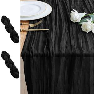 2PCS Table Runner Cheesecloth 10FT Black Boho Gauze Cheese Cloth Rustic Sheer Table Runners for Wedding Birthday Bridal Baby Shower Party Decoration