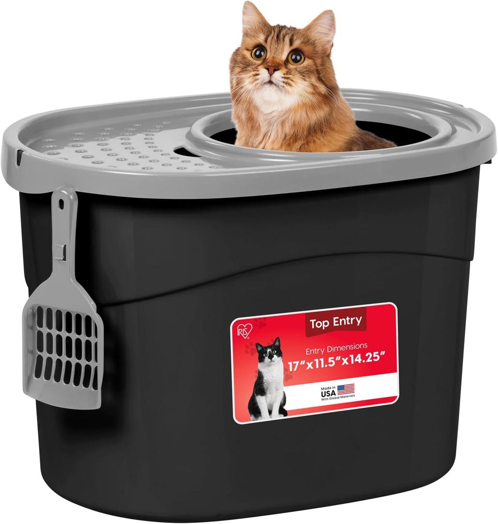 IRIS USA Cat Litter Box Large Top Entry with Lid Enclosed Covered Hooded Design Litter Catching Scatter Shield Pan Dog Proof Pet Proof Scoop Included Odor Control for Indoor Cats Kittens Black/Gray