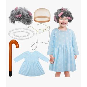 Yaomiao 8 Pcs 100 Days of School Costume for Kids Girls Old Lady Costume Grandma Granny Old People Outfit for Kids Girls 4-5 Y