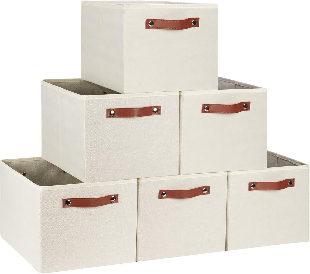 [6-Pack] Fabric Storage Bins Reinforced 2.5mm Cardboard Shelf Bins with PU Leather Handles (15x11x9.5 ) Durable Storage Baskets for Closet Organization, Toy Organizer, & Home Office Beige