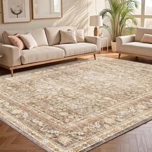 OPPODREAM Vintage Beige Area Rugs 10x14, 10 x 14 Retro Washable Rug Non Slip, Low-Pile Faux Wool Carpet, Distressed Tan Floor Mat for Living Room, Bedroom, Office, Dorm, Dinning Room, Big & Large