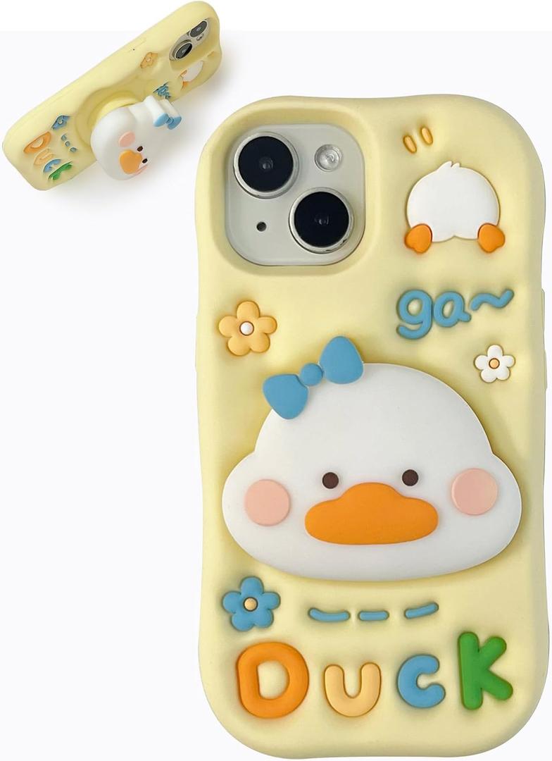 Kawaii 3D Duck Phone Case for iPhone 13 Pro Max (with Retractable Phone Stand & Grip) Cute Girly Cartoon Soft Silicone Phone Cover for Girls, Kids, Teens, and Women, Yellow