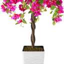 Artificial Bougainvillea Tree 4FT, Fake Silk Floral Tree with White Planter, Decorative Topiary Plant, Potted Faux Flower Tree for Home Porch Decor Indoor Outdoor