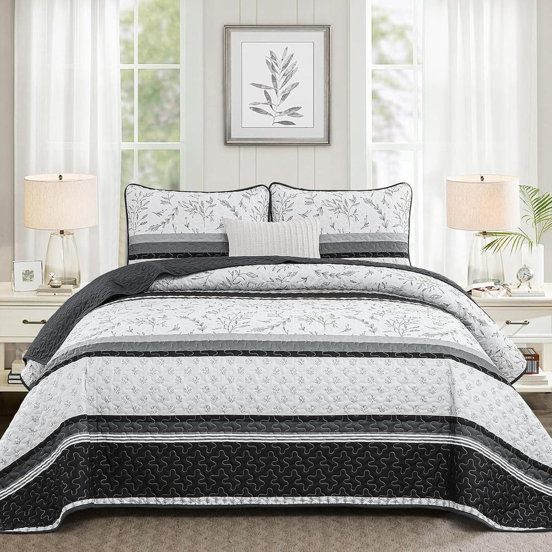 Quilt Set Queen Size, Black Striped Quilt Queen Boho Patchwork Leaves Printed Bedspread Coverlet Set with 2 Pillowcases, 3 Piece Soft Lightweight Microfiber Quilt Bedding Set for All Season (96"x90")