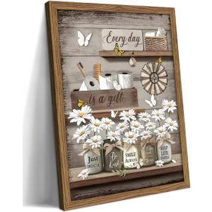 Wood Framed Farmhouse Bathroom Wall Art, Vintage Rustic Daisy Canvas Wall Decor Paintings, Flower Butterfly Inspirational Posters Prints Pictures Artwork for Bathroom Bedroom Living Room, 16x24 Inch