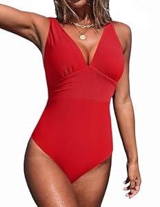 AI'MAGE Women Ribbed One Piece Swimsuit 2025 Swim Suits V Neck Bathing Suits High Cut Adjustable Strap Monokini Swimwear Red M