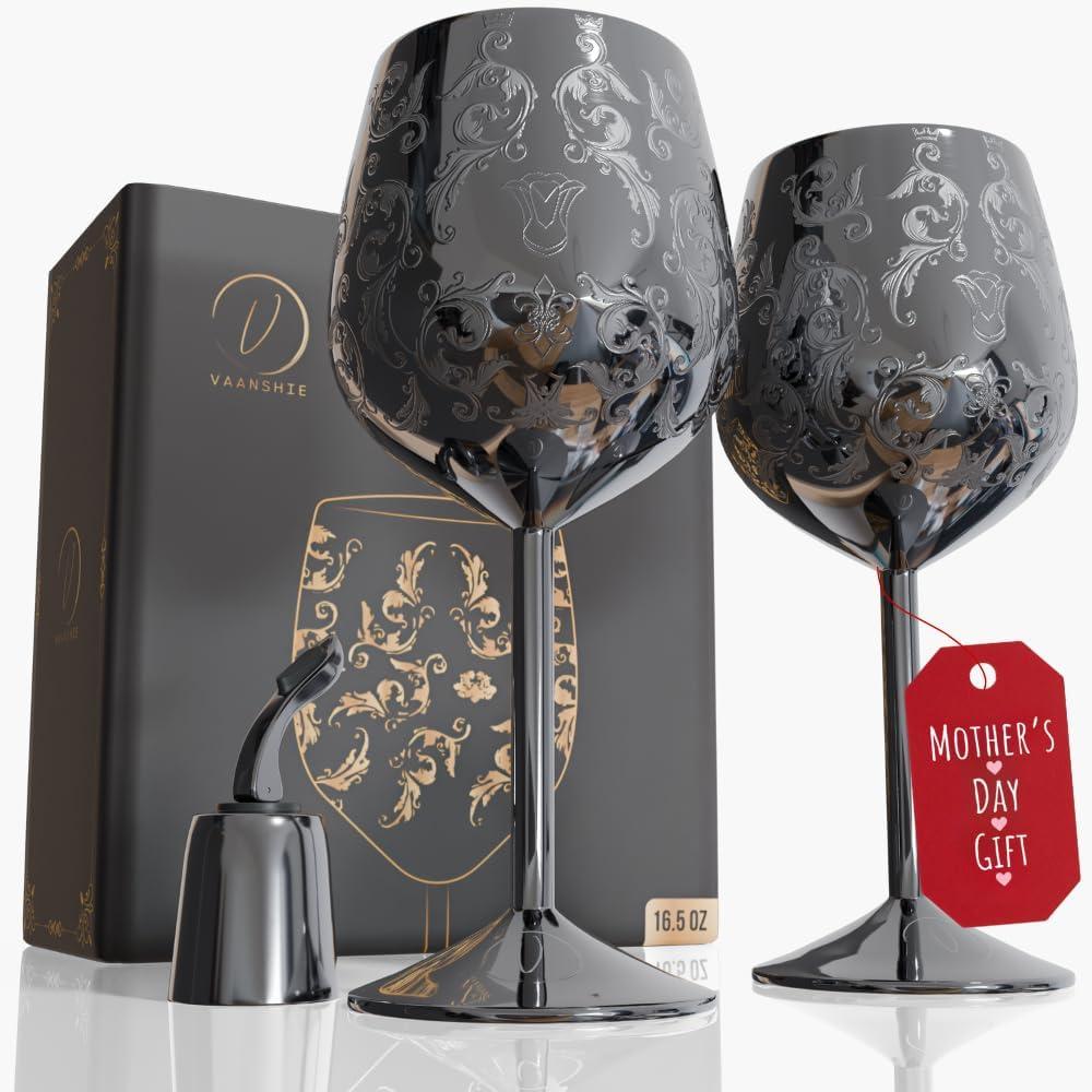 Mothers Day Gift for Mom Set of 2 glossy black Stainless Steel Wine Glasses, 17oz Engraved Goblets with Bottle Stopper, Unbreakable Elegant Wine Cups, Gift for Women, Wife, Mom, Sister