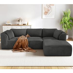 Vesgantti 106" Cloud Couch with Chaise, Deep Seat Fluffy Modular Sectional Sofa Corduroy Memory Foam Boneless Couches for Living Room Bedroom, No Assembly Required (Grey, Right-Facing Chaise)