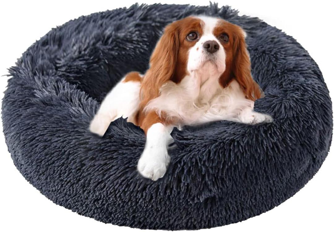 Calming Dog Beds - Round Washable Donut Cuddle Anxiety Cat Pet Bed, Anti-Slip Faux Fur Fluffy, 20" Dark Grey (20.0"L x 20.0"W x 8.0"Th, Dark Grey)