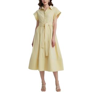 Women's Belted Shirt Midi Dress Casual Short Wing Sleeve Button Down Lapel V Neck Dress (Medium, Yellow)