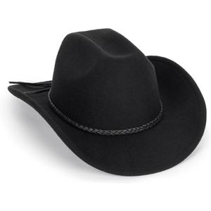 Vintage Western Cowboy Hat for Men Women - Wide Brim Cowgirl Fedora Hats with Braided Rope Band M