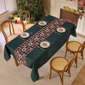 VidaFete Christmas Rectangle Tablecloth, Bells Snowflakes Pinecones Pattern Green Polyester Table Cloth, Waterproof Wipe Clean Holiday Table Cover for Xmas Dining Parties Home Decoration,60x102in