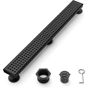 24 Inch Black Linear Shower Drain, Rectangular Shower Floor Drains with Square Hole Cover, 304 Stainless Steel Linear Drain with Leveling Feet, Hair Strainer (Matte Black)
