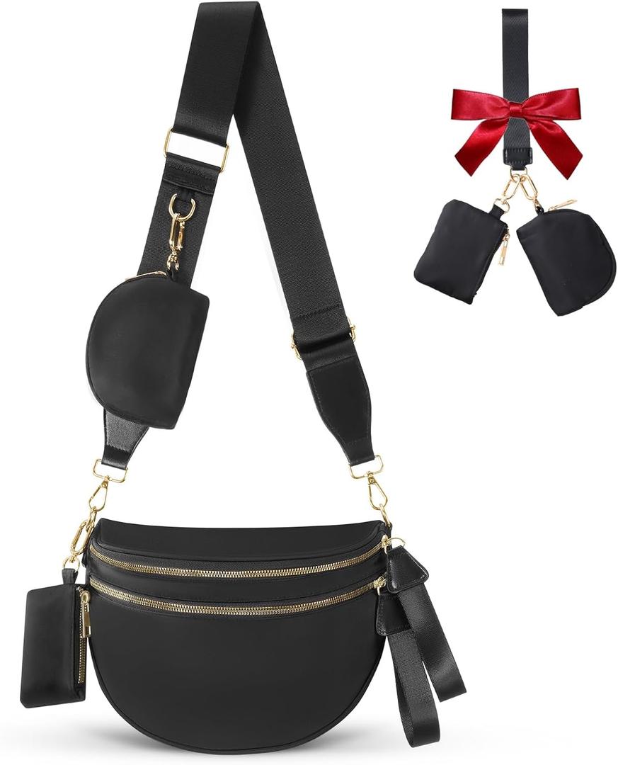 Cross Body Bag for Women Bum Bag Checkered Belt Bags Fanny Packs for Girls Travel Purse Fashion Waist Packs Crossbody Nylon Purse Trendy Shoulder Bags for Womens (One Size, Black)
