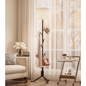 INNOD Coat Rack Freestanding Coat Tree with Floor Light, Metal Tall Entryway Coat Stand with 5 Hooks, Slim Modern Black Coat Hanger for Bedroom, Hallway, Office and Small Spaces