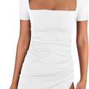 BEAGIMEG Women's Sexy Bodycon Short Sleeve Square Neck Side Slit Ruched Party Club Evening Mini Dress (White, XL)