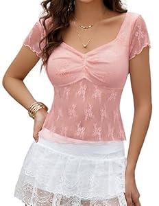 Avidlove Women Mesh Sheer Sexy Top Square Neck Camisole Lingerie Short Sleeve Tank (Medium, Pink)