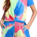 Arshiner Girls Summer 2 Piece Outfits Tie Dye Short Sets Casual Twist Front Short Sleeve Tops and Pant with Pockets 150