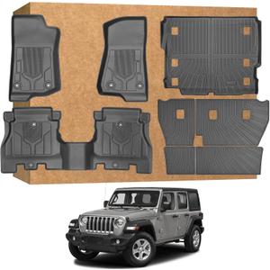 Floor Mats for Jeep Wrangler JL 4-Door 20182024 2025 (Not for JK, 4xe, 2-Door, or Models with Subwoofer), TPE All Weather Waterproof Non-Slip Custom Fit (Floor Mats + Cargo Liner + Backrest Mats)