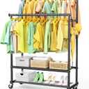 Double Rods Clothes Rack for Hanging Clothes, Heavy Duty Rolling Clothing Rack with Wheels, Freestanding Garment Racks with Oxford Bottom Shelf and Mesh Bottom Shelf for Bedroom Laundry Living Room