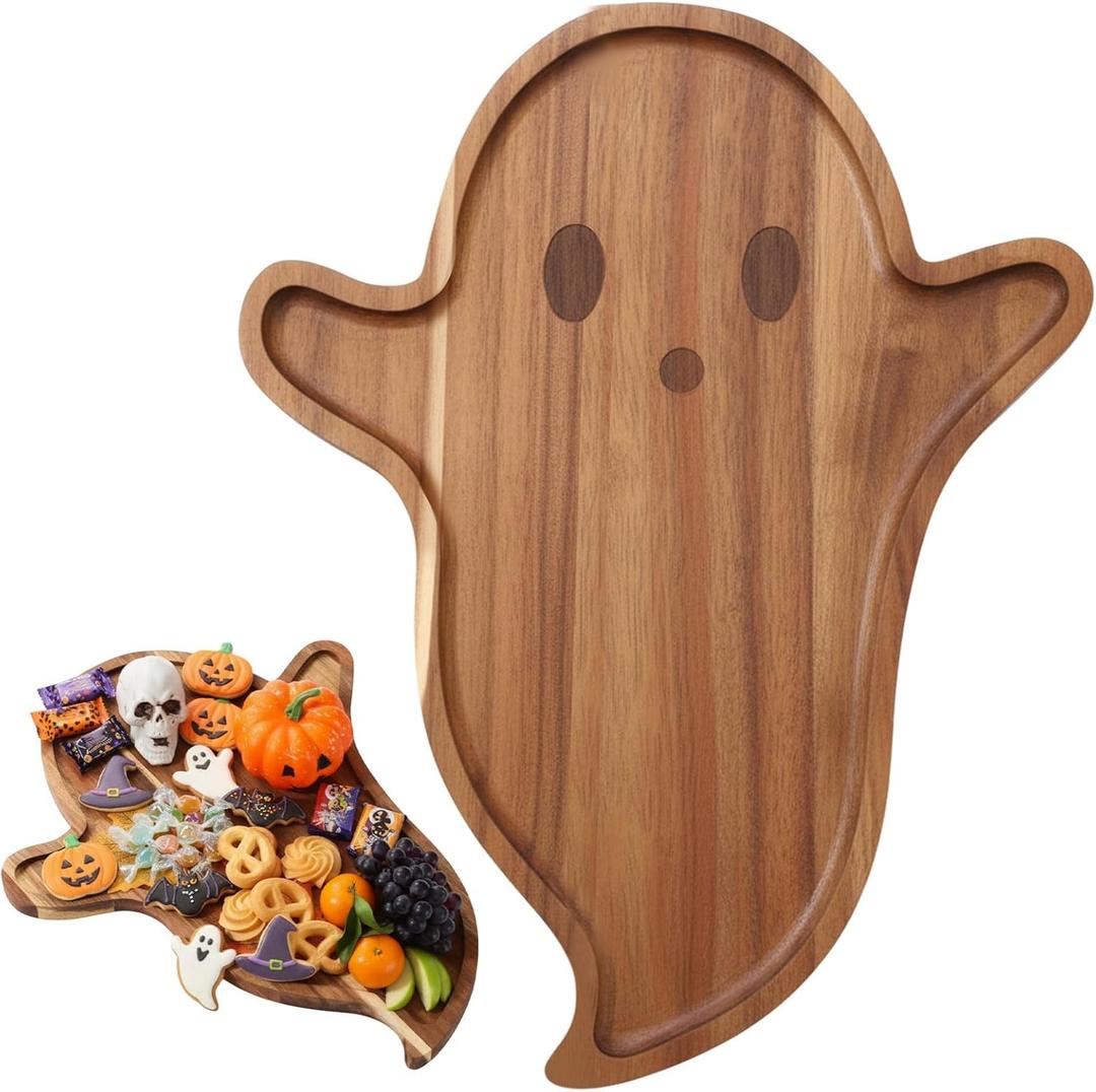Halloween Charcuterie Boards Gothic Acacia Wood 12.6 x 15.7inch Cutting Board Spooky Funny Wooden Serving Tray for Day of the Dead Party Tableware Snacks Decor (Ghost)
