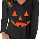 Tobrief Women's Long Sleeve V-Neck Shirts Fall Graphic Tees Loose Casual T-Shirt (Black, XXXL)