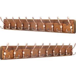 SKOLOO Coat Rack Wall Mounted - 38.3'' Long, Pack of 2, Wooden, Heavy Duty, Rustic Coat Hooks for Wall, Wall Coat Rack with 10 Triple Hooks for Hanging Clothes, Jacket, Hat(Brown & Retro Red)