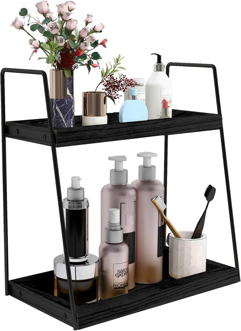 Dorhors 2 Tier Bathroom Counter Organizer Storage,Vanity Organizer for Bathroom Counter,Wood Standing Rack for Kitchen(Black)