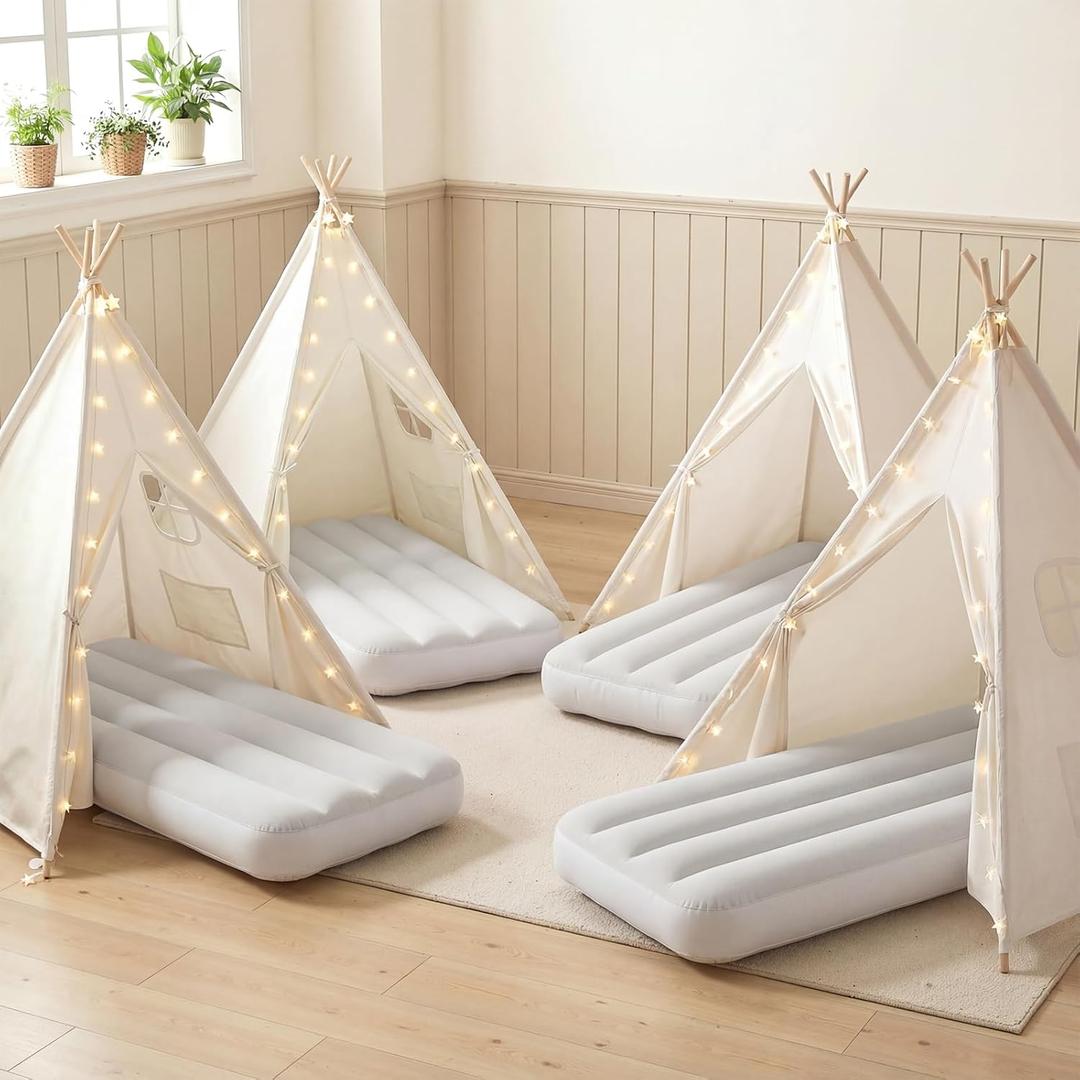 Wilwolfer 4 Pack Kids Teepee Tent with Inflatable Airbeds - Play Tent with Star Lights, Colorful Flags Foldable Toddler Sleepover Party Supplies Gifts(White)