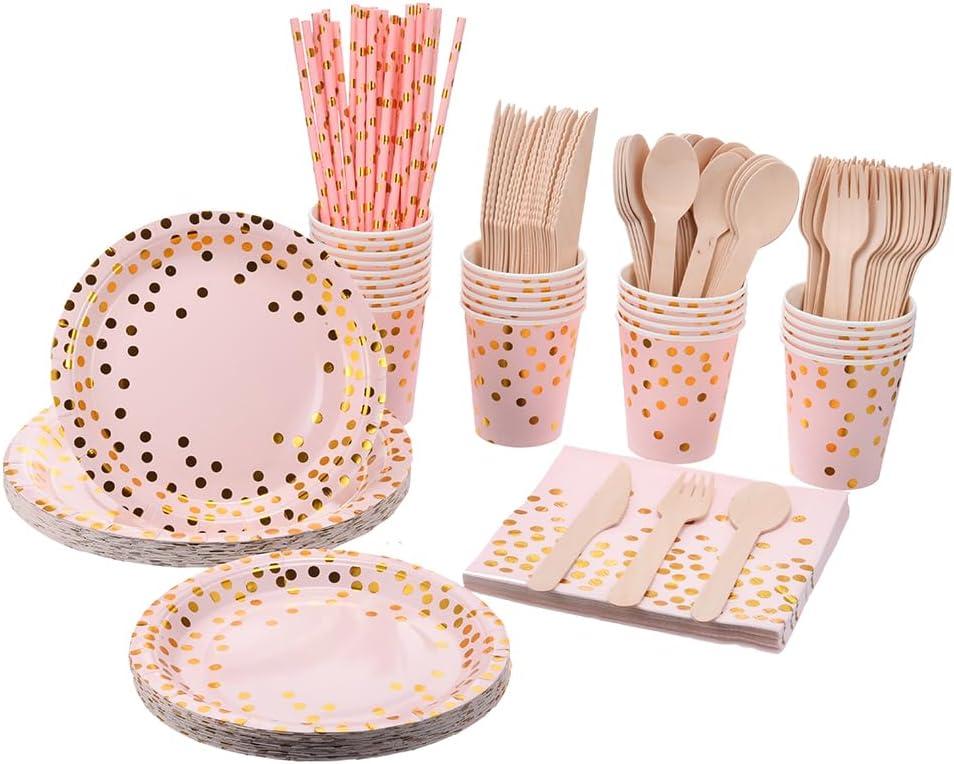 200 Pink Party Supplies - Disposable Dinnerware Set Serves 25, Gold Dots on Pink Paper Plates, Cups & Napkins, Wooden Knives, Spoons & Forks for Baby Shower, Wedding or Bridal Shower (w045)