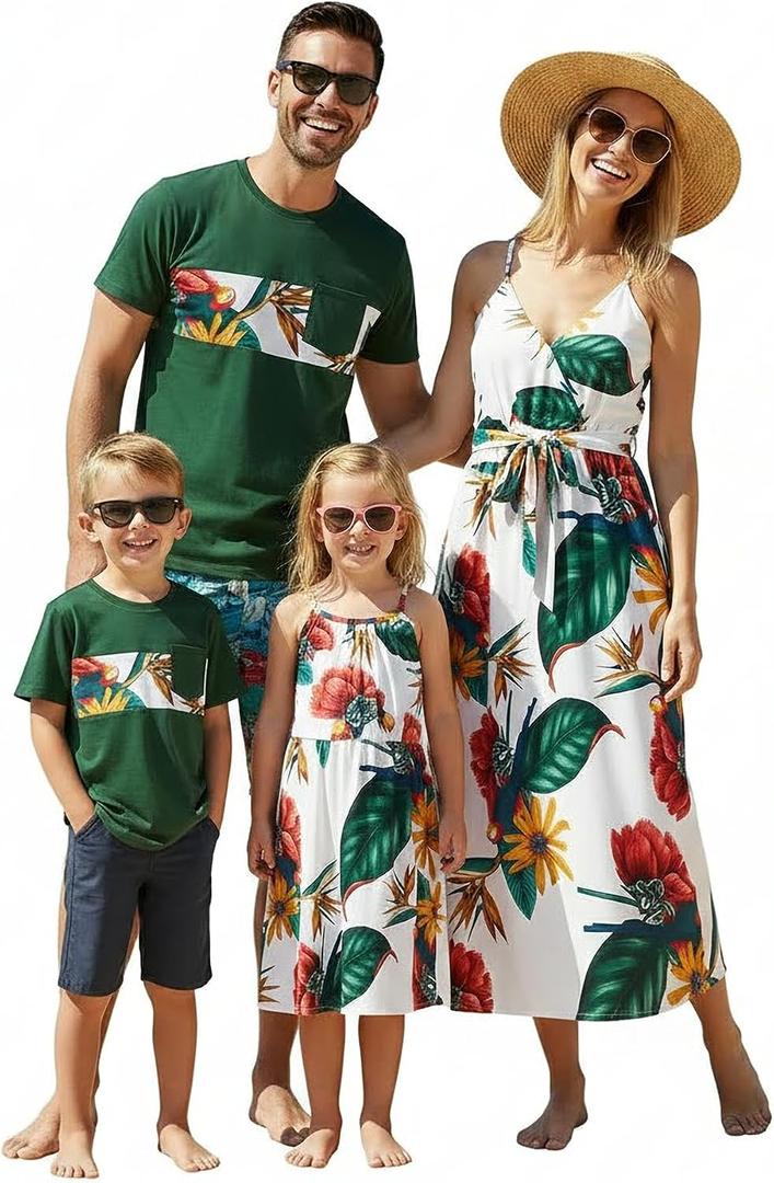 PATPAT Family Matching Outfits Mommy and Me Dresses Hawaiian Tropical Vacation Beach Spaghetti Strap Dress and Shirt, 3-4Y