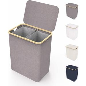 LONBET Laundry Basket with Lid, Made from Breathable Fabric | Aesthetic Clothes Hampers for Laundry with Side Handles & Sturdy Bamboo Frame (40 Gallons - Double, Gray)