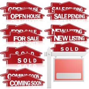 Juexica 12 Pcs Real Estate Rider Signs 24 x 6 Inch Coming Soon, for Sale, Pending, Sold Waterproof Signs Rider Real Estate with Different Messages (House Shape,Red with White)
