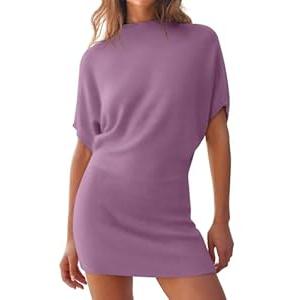 ZESICA Women's 2025 Summer Casual Mock Neck Bodycon Mini Dress Cap Sleeve Slim Fit Ribbed Knit Short Sweater Dresses, Purple, Small