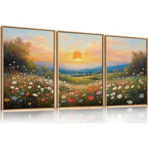 HOURIA Boho Sunrise Wildflower Framed Canvas Wall Art Set,Watercolour Nature Inspired Landscape Wall Decor,Colorful Floral Scenery Artwork,Modern Art Prints for Living Room,Bedroom,Farmhouse-24"x36"x3