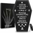 Coffin Letter Board Black +3D Bat Stickers +650 Characters, Spooky & Seasonal Emojis, Wooden Stand - 17x10.5 Inches - Coffin Shaped Goth Decor Sign Witchy Halloween Decorations Gothic Decor Birthday Wedding Home Spooky Gifts