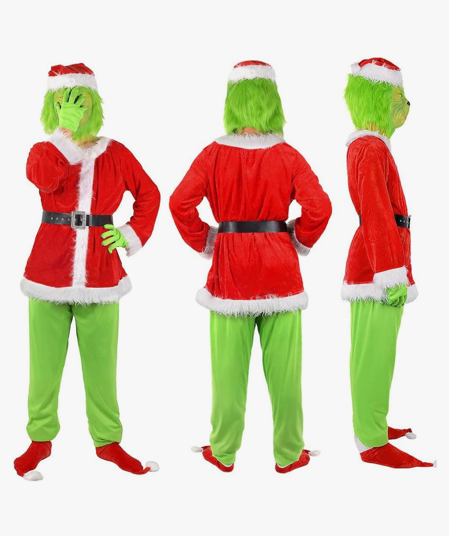 Green Monster Costume Christmas Adult, Halloween Outfit for Woman Men, Green Costume Santa Claus Cosplay 7PCS. Size XL