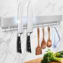 17 Inch Magnetic Knife Holder for Wall - Stainless Steel Knife Magnetic Strip No Drill with 10 Hooks/Adhesive Tape/Screws, Kitchen Utensil Holder, Magnetic Knife Organizer, Wall Mounted Knife Storage