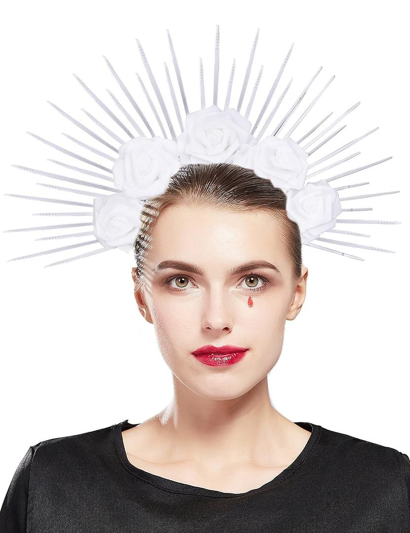 Fantherin Halo Crown with Roses Womens Mexican Flower Goddess Rose Spiked Sun Headpiece for Cosplay Halloween Costume (White)