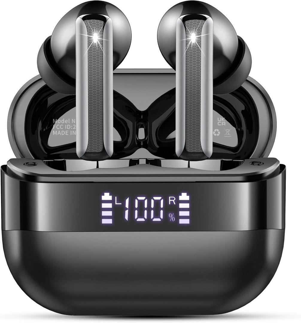 Wireless Earbuds, 2025 Bluetooth 5.4 Headphones Bass Stereo, Ear Buds with 4 Mics ENC Noise Cancelling, Bluetooth Earbuds 48H Playtime LED Display Charging Case, IP7 Waterproof in Ear Earphones Black