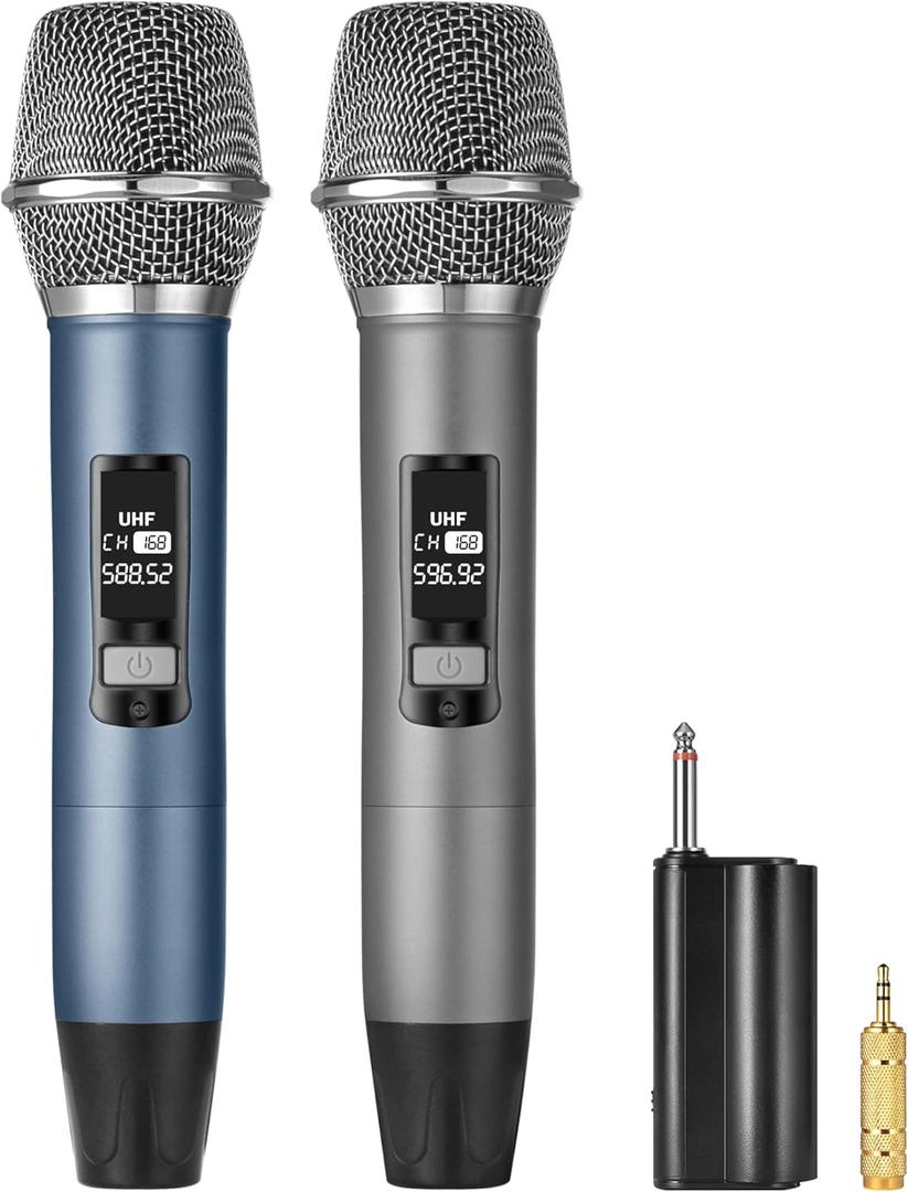 Rechargeable UHF Wireless Microphones, Two Metal Handheld Microphones with 1/4" Receiver, Plug-and-Play for Speaker & PA System, Karaoke Singsing, Lecture, Stage Performance (Blue&Grey)