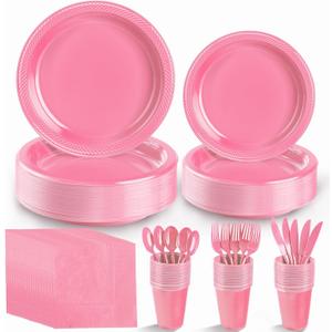 Pink Plastic Plates, 25 Guest Pink Party Supplies Set, Pink Disposable Dinnerware Set, Including Plastic Plates, 12 oz Cups, plastic Cutlery and Paper Napkins for Party Wedding Birthday