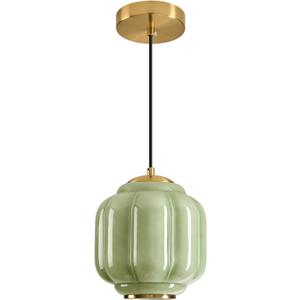 7" Vintage Green Glass Pendant Light, Brushed Brass Ceiling Fixture