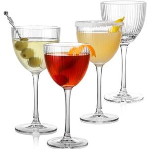 Vintage Art Deco Nick and Nora Cocktail Glasses – 5 oz Crystal Ribbed | Set of 4 | Martini, Manhattan, Gin, Whiskey | Classic Cocktail Glassware for Home Bar